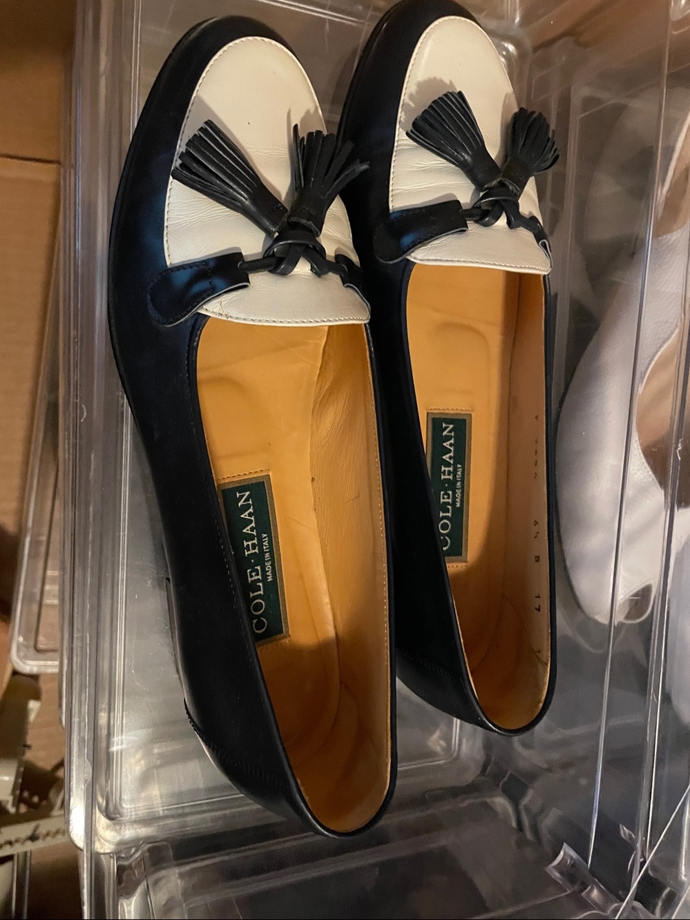 Cole Haan Navy and White Leather Tassel Loafers